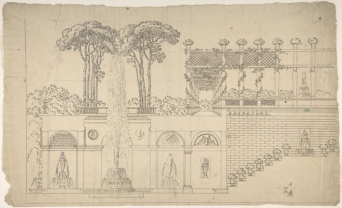 Grotto under a Terrace, Jean-Baptiste-Cicéron Lesueur (French, 1794–1883), Pen and brown ink over graphite.  Traces of squaring in graphite. 