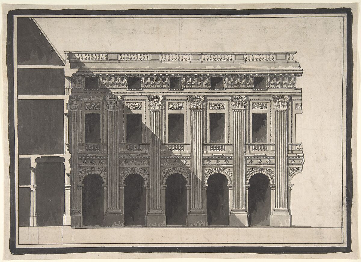 Design for the Garden Façade of the Palais Royal, Victor Louis (French, Paris 1731–1800 Paris), Pen and black ink, brush and gray wash, over traces of black chalk underdrawing