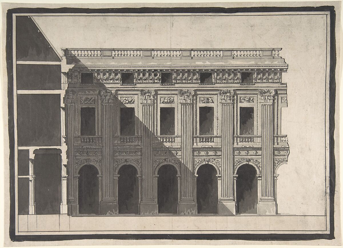Design for the Garden Façade of the Palais Royal, Victor Louis (French, Paris 1731–1800 Paris), Pen and black ink, brush and gray wash, over traces of black chalk underdrawing 