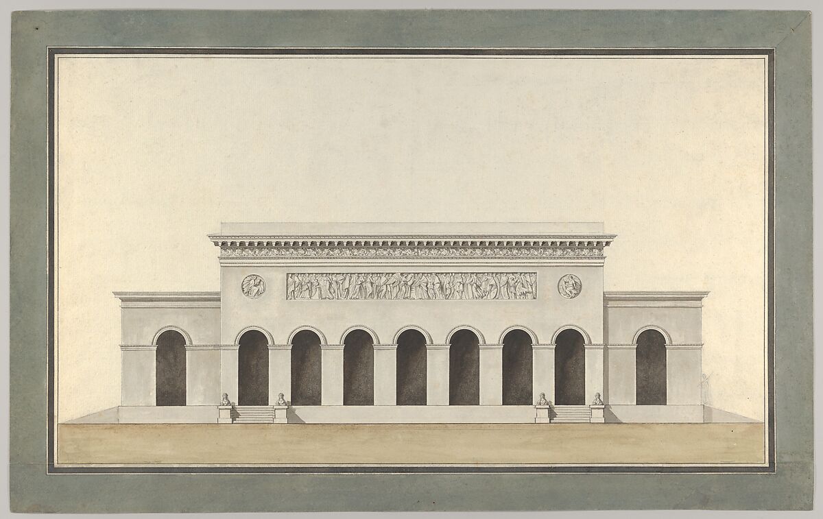 Project for a Public Monument, Alexandre Théodore Brongniart (French, Paris 1739–1813 Paris), Pen and black ink, with gray and brown wash, over black chalk underdrawing, with a blue wash border 