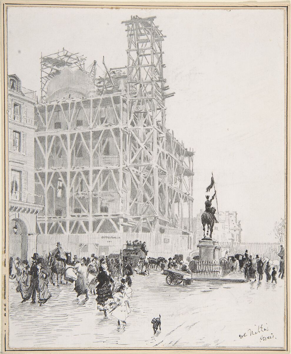 Place des Pyramides, Paris, Giuseppe De Nittis (Italian, 1846–1884), Pen and black ink over graphite 