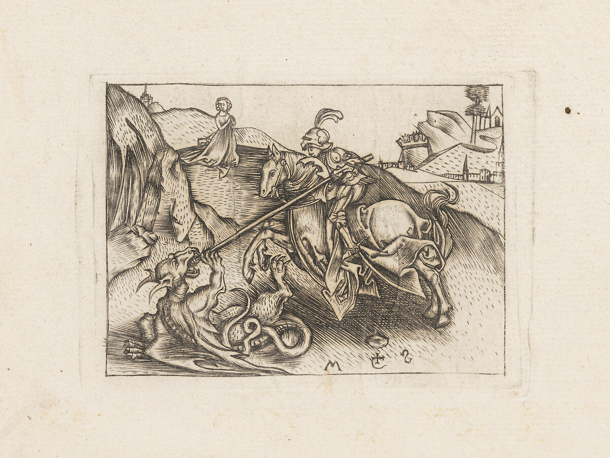 St. George and the Dragon; Designs for Goldsmiths, Israhel van Meckenem (German, Meckenem ca. 1440/45–1503 Bocholt), Engraving 