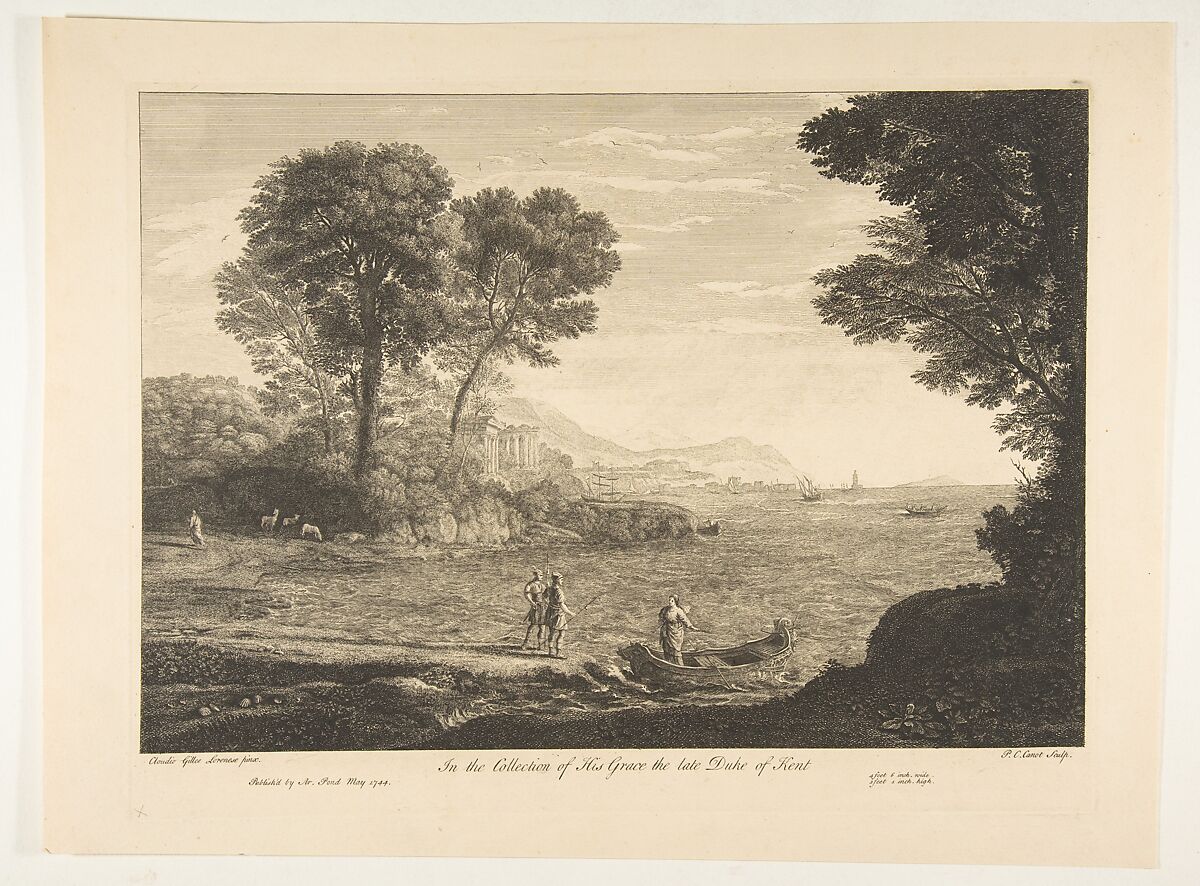 Coast View with the Embarkation of Carlo and Ubaldo, Etched by Pierre Charles Canot (French, Paris 1710–1777 Kentish Town, London (active England)), Etching 