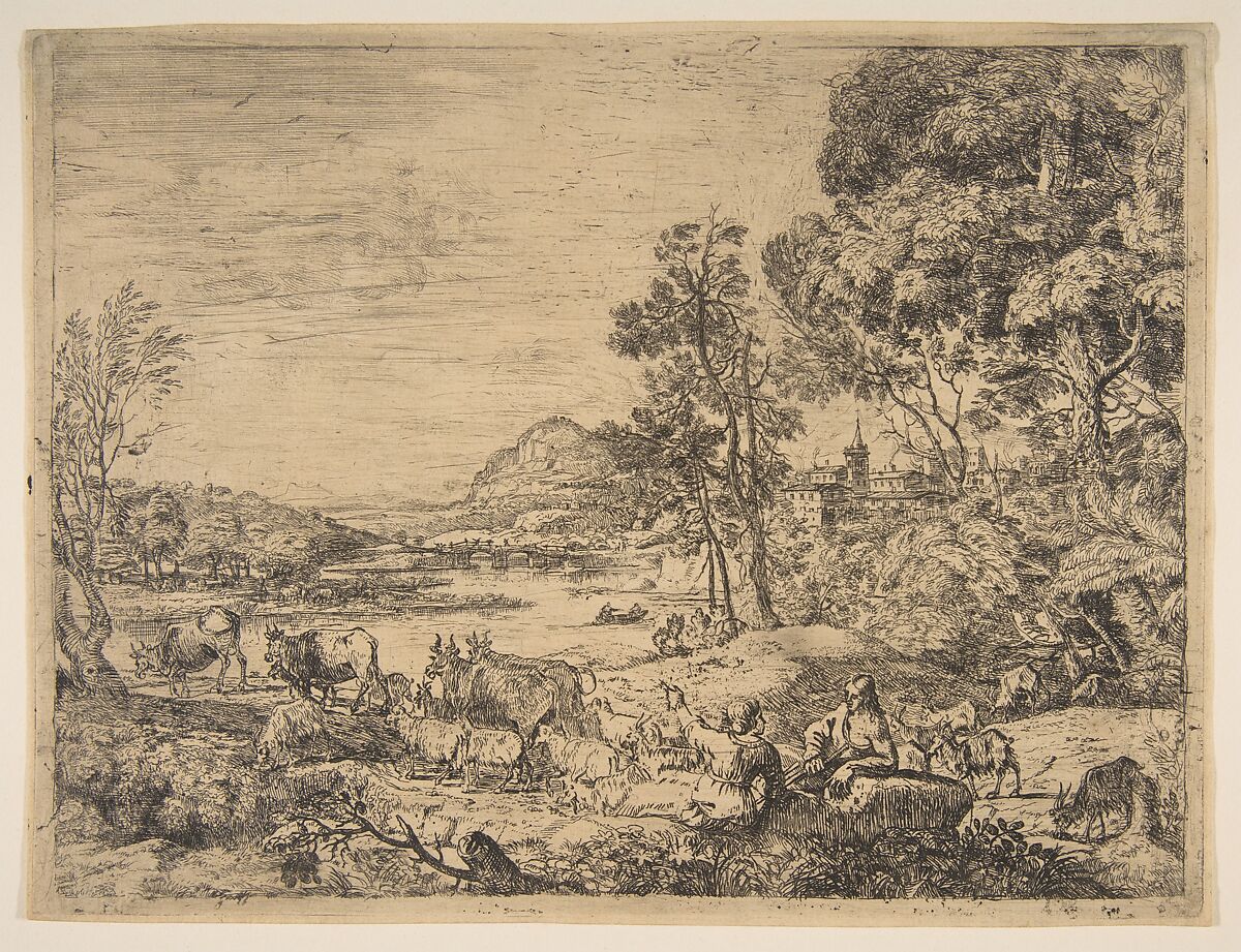Shepherd and Shepherdess Conversing in a Landscape, Claude Lorrain (Claude Gellée) (French, Chamagne 1604/5?–1682 Rome), Etching; third state of seven (Mannocci) 