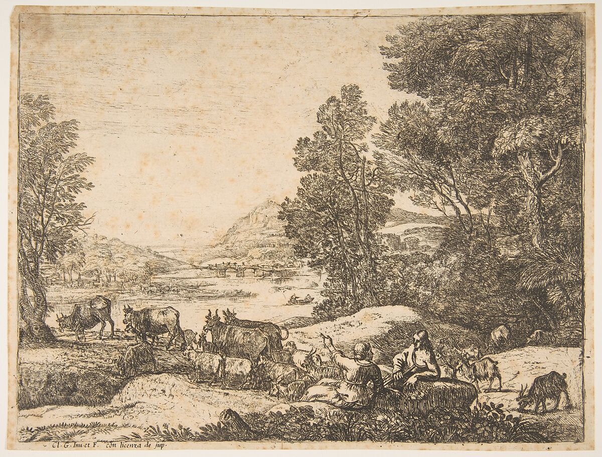 Shepherd and Shepherdess Conversing in a Landscape, Claude Lorrain (Claude Gellée) (French, Chamagne 1604/5?–1682 Rome), Etching; state five of seven (Mannocci) 