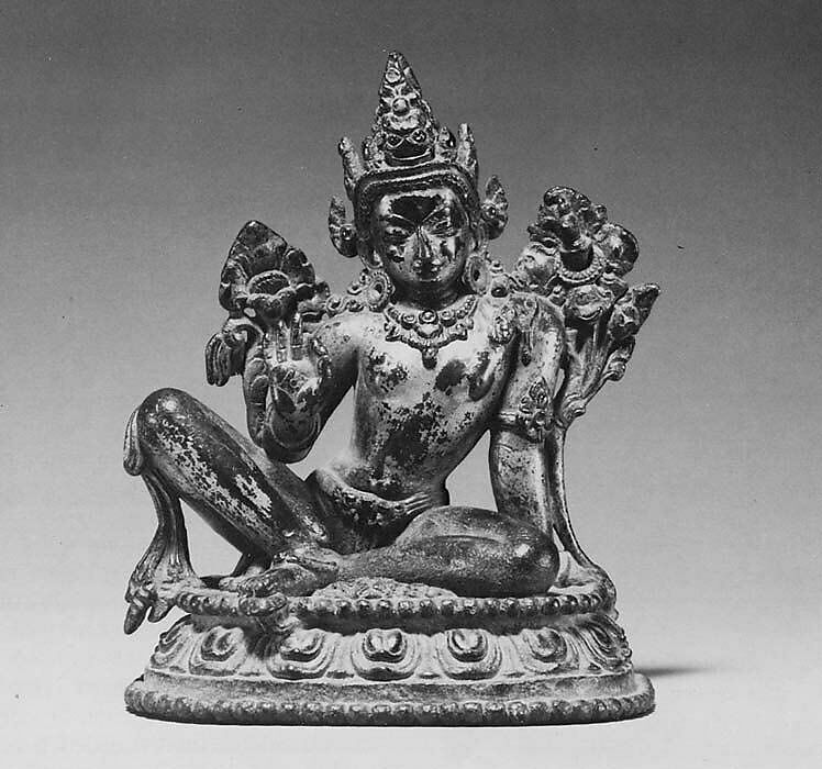 Seated Bodhisattva Maitreya (The Buddha of the Future), Gilt copper alloy, inlaid with semiprecious stones, Nepal (Kathmandu Valley) 