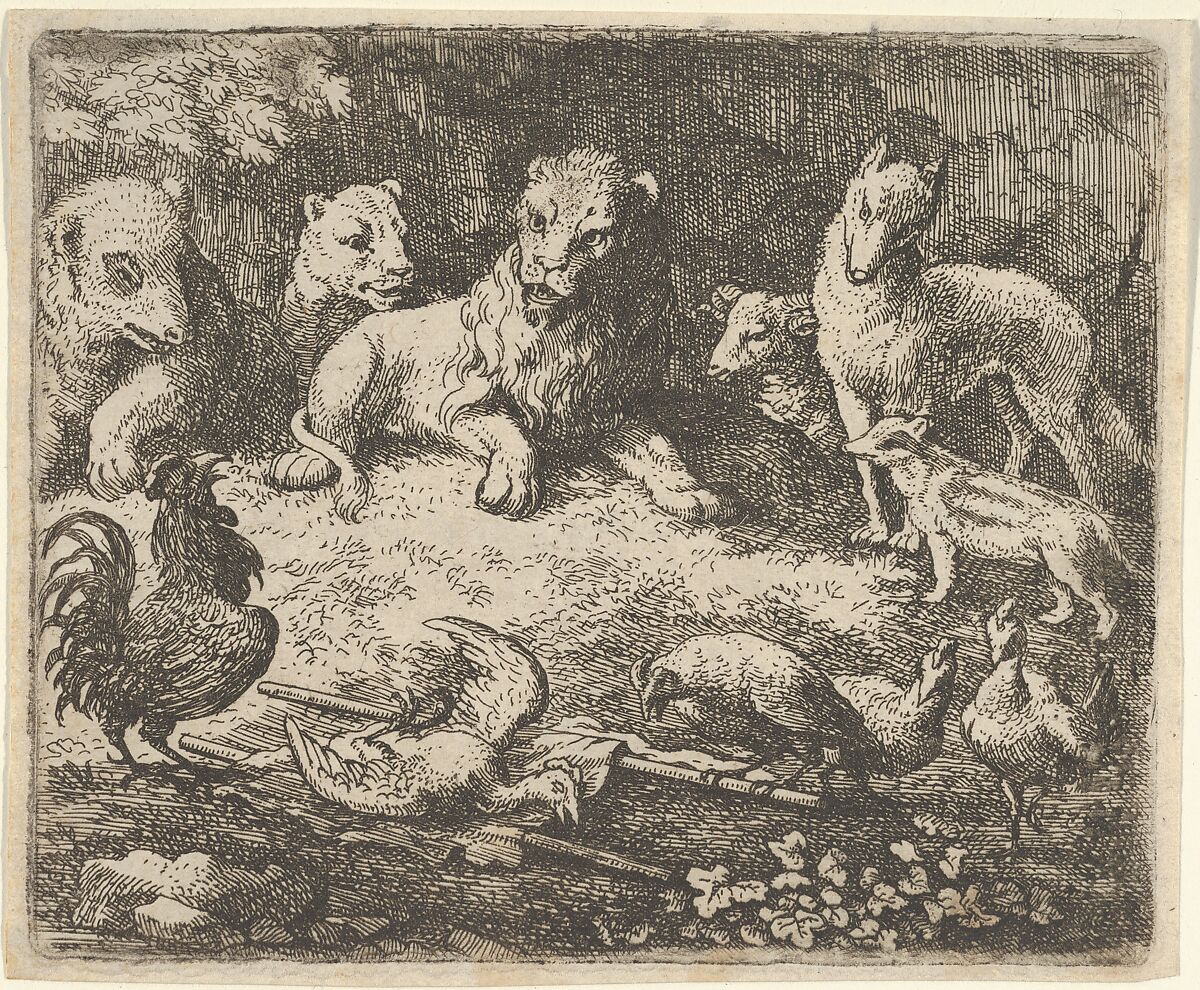 The Rooster Accuses Renard of the Murder of One of His Chickens from Hendrick van Alcmar's Renard The Fox, Allart van Everdingen (Dutch, Alkmaar 1621–1675 Amsterdam), Engraving; second state of four 