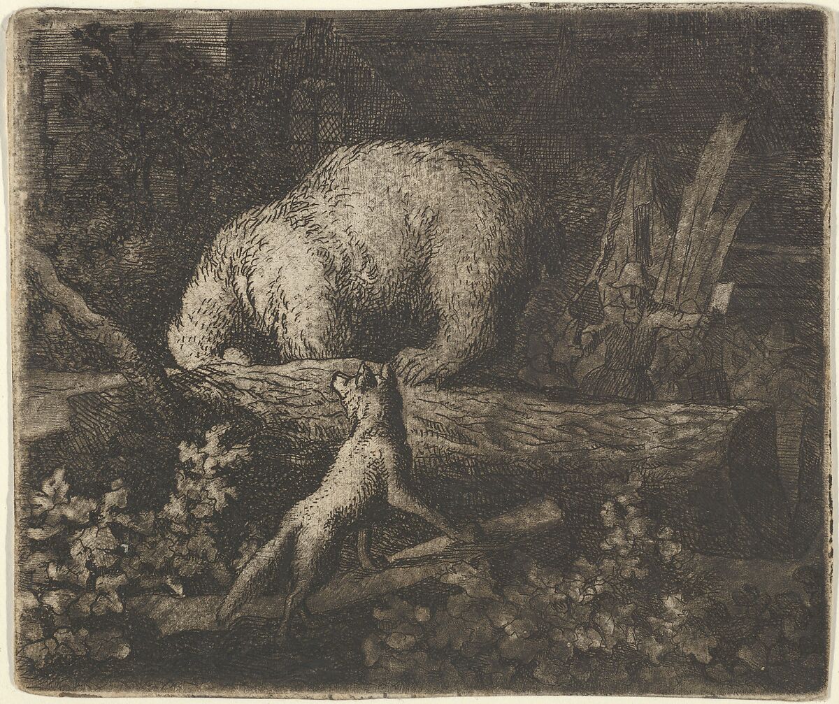 The Bear with His Snout and Forepaws Caught in the Trunk of a Tree from Hendrick van Alcmar's Renard The Fox, Allart van Everdingen (Dutch, Alkmaar 1621–1675 Amsterdam), Mezzotint; second state of five 