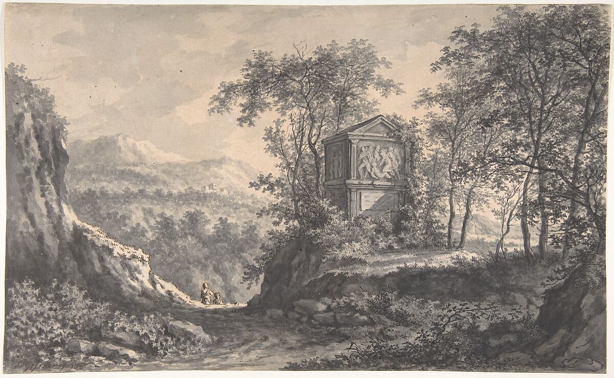 Landscape with an Antique Tomb and Two Wayfarers, Salomon Gessner (Swiss, Zurich 1730–1788 Zurich), Pen and black ink, brush and gray wash, over a sketch in black chalk 