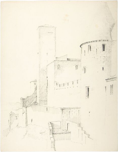 Medieval Towered Wall, France, Ernest Flagg (American, Brooklyn, New York 1857–1947), Graphite 