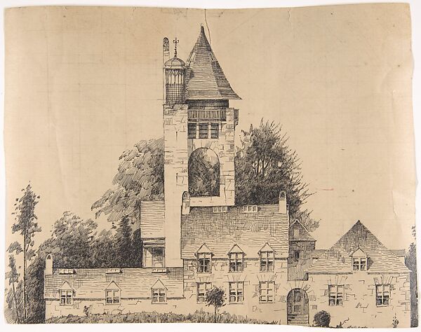Towered Stone Building in the French Medieval style (possibly for Dongan Hills, S. I.), Ernest Flagg (American, Brooklyn, New York 1857–1947), Ink on squared paper 