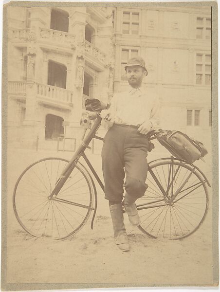 Ernest Flagg, with Bicycle, in front of the Château de Blois, Ernest Flagg (American, Brooklyn, New York 1857–1947), Photograph mounted on card 