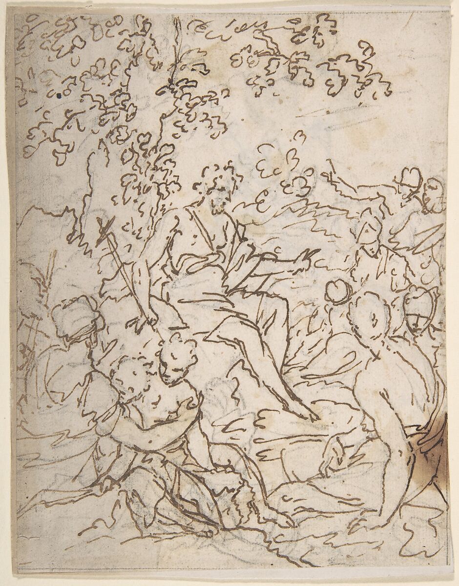 A Seated John the Baptist Preaching, Anonymous, Italian, 17th century, Pen and brown ink, over black chalk 