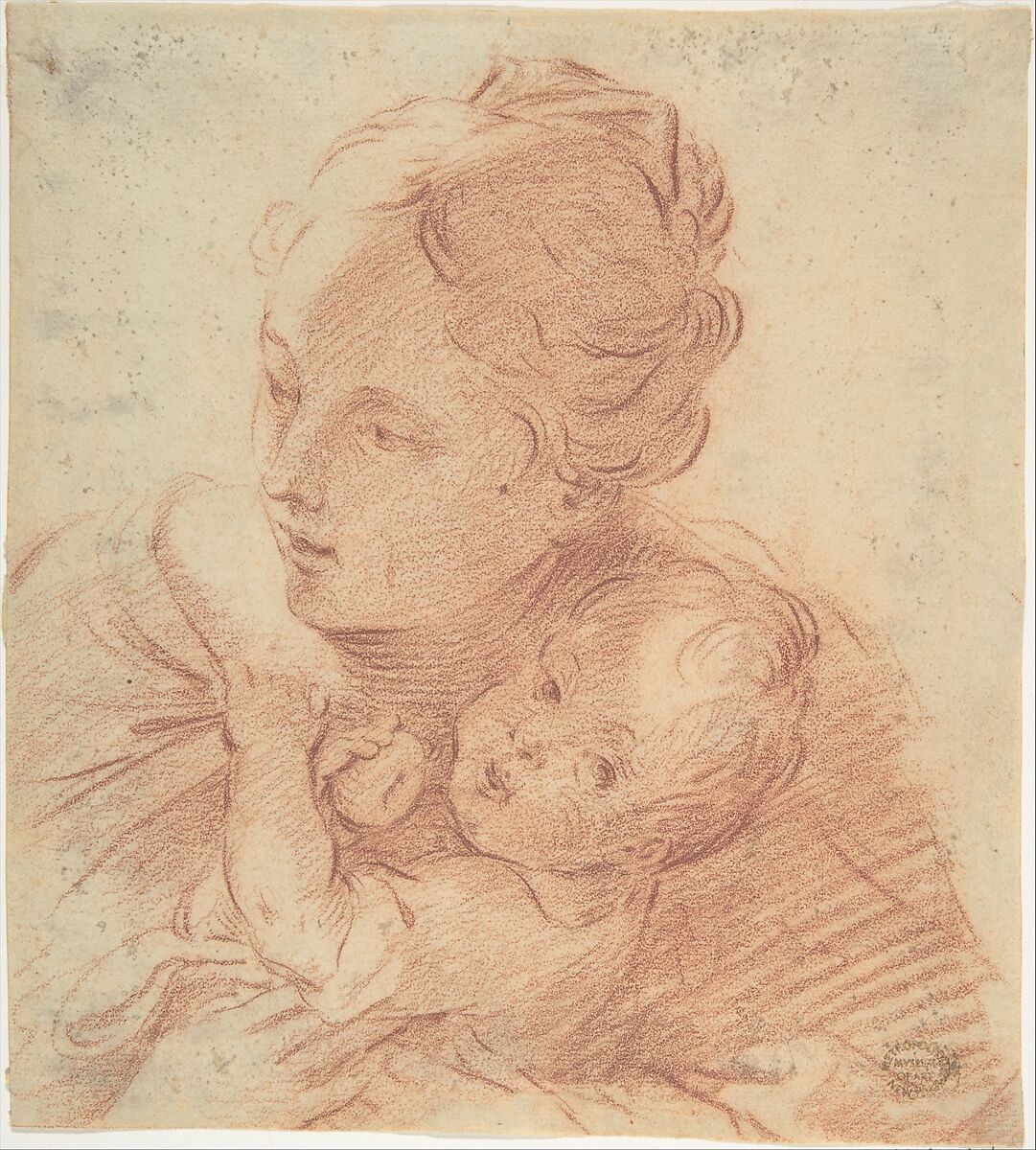 Head and Shoulders of a Mother and Child, Anonymous, Italian, 18th century, Red chalk 