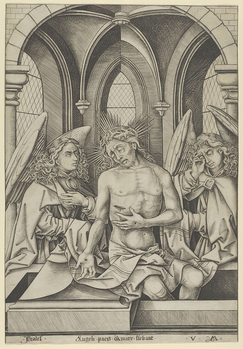 Christ as the Man of Sorrows Between Two Angels, Israhel van Meckenem (German, Meckenem ca. 1440/45–1503 Bocholt), Engraving 