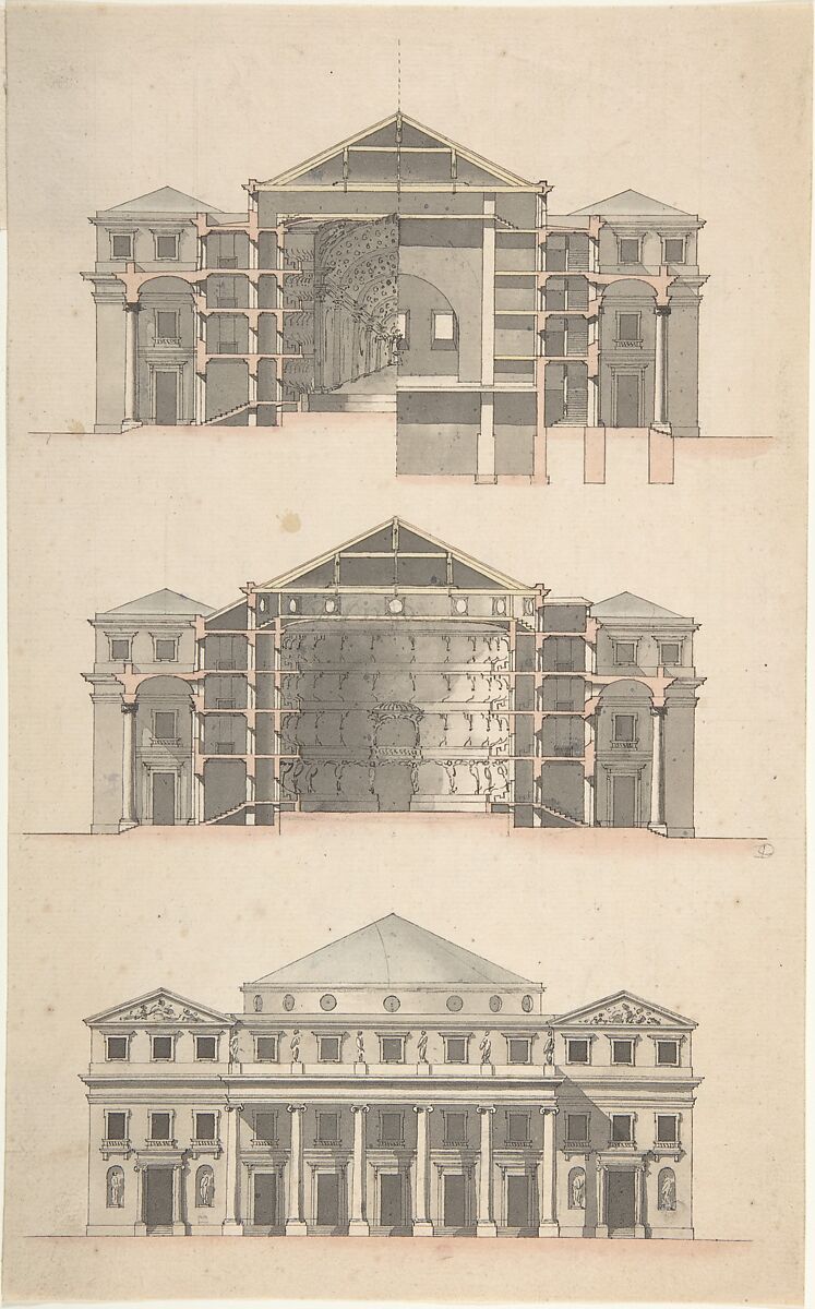 Design for a Theatre, Anonymous, French, 18th century, Pen and black ink, brush and rose wash over graphite 
