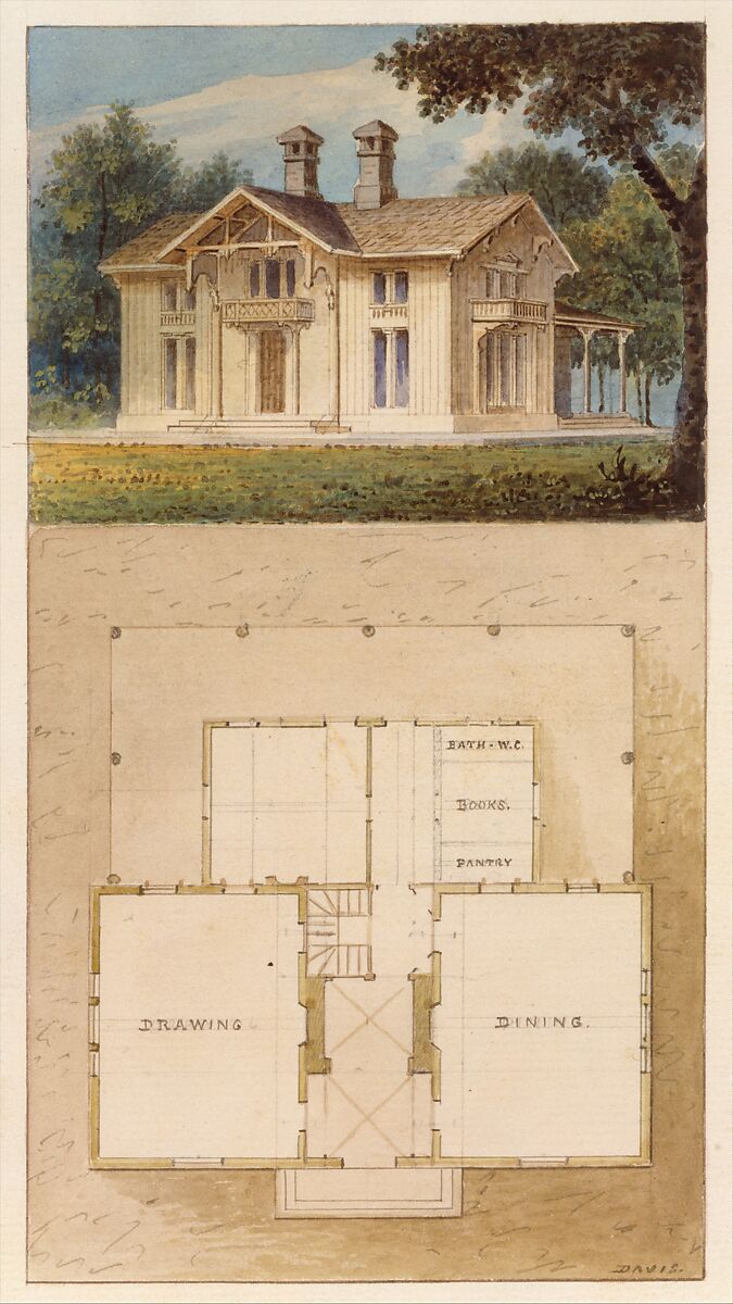 Design for a Cottage-Villa in the Bracketted Mode, Constructed in Wood (perspective and plan), Alexander Jackson Davis (American, New York 1803–1892 West Orange, New Jersey), Watercolor and ink, over graphite 