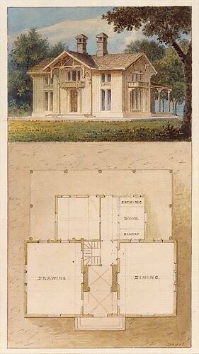 Design for a Cottage-Villa in the Bracketted Mode, Constructed in Wood (perspective and plan)