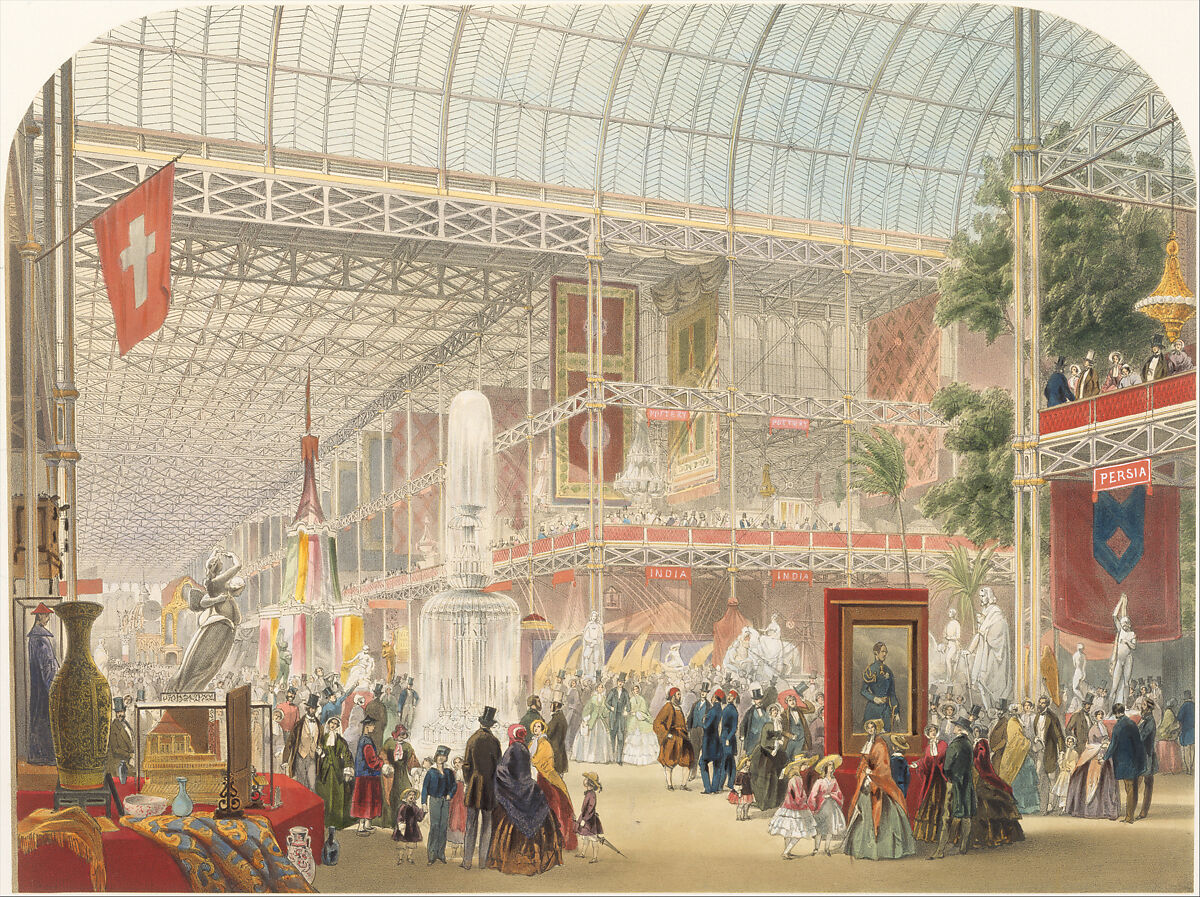 General View of the Interior, from "Recollections of the Great Exhibition, 1851", John Absolon (British, London 1815–1895), Hand-colored lithograph 