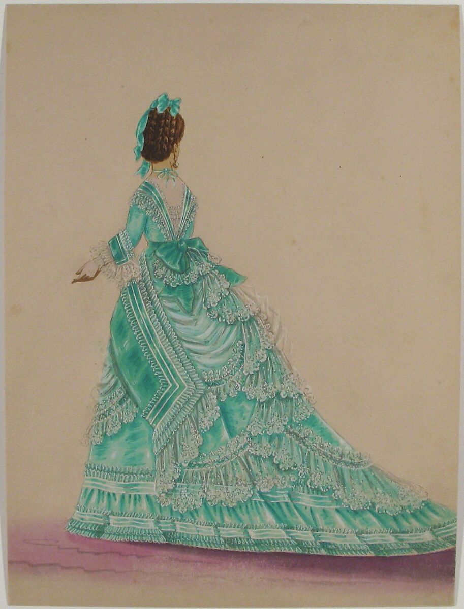 Fashion Study: Woman in a Green Dress, Anonymous, French, 19th century, Pen and brown ink, brush and gray wash, watercolor, heightened with white