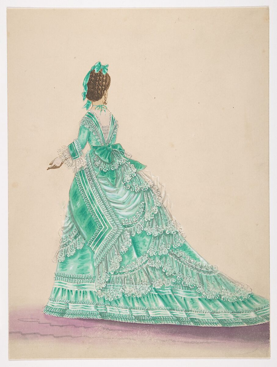 Fashion Study: Woman in a Green Dress, Anonymous, French, 19th century, Pen and brown ink, brush and gray wash, watercolor, heightened with white 