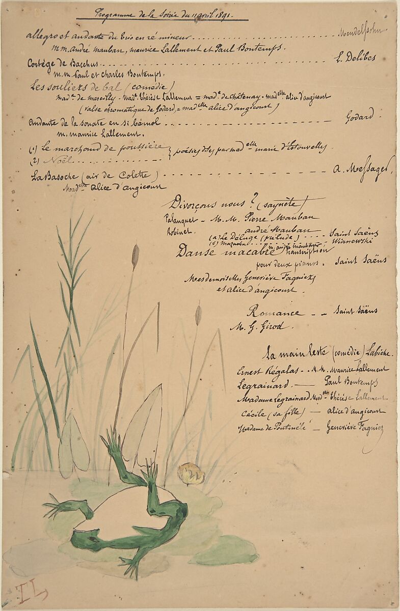 Program for the Evening of April 11, 1891, Anonymous, French, 19th century, pen and ink, watercolor on wove paper 