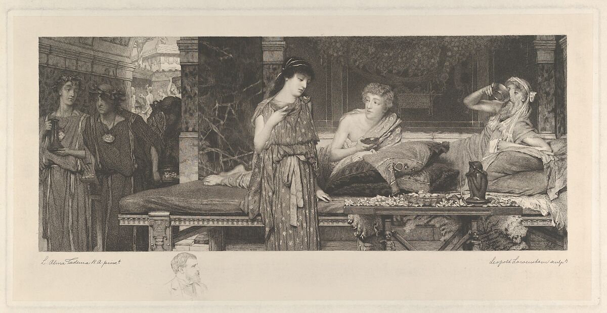 The First Course–The Dinner, After Sir Lawrence Alma-Tadema (British (born The Netherlands), Dronrijp 1836–1912 Wiesbaden), Etching on chine collé; remarque proof 