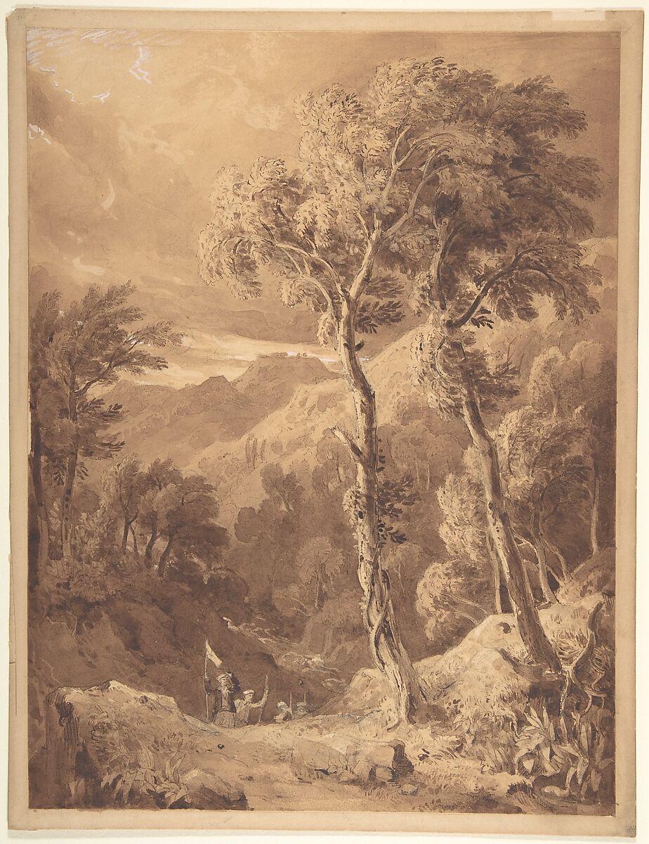 Mountainous landscape with travellers (Scene on the river Pellene Achaia), Hugh William Williams (British, probably Devon 1773–1829 Edinburgh), Brown ink, brush and wash, over graphite, with touches of gouache (bodycolor) 