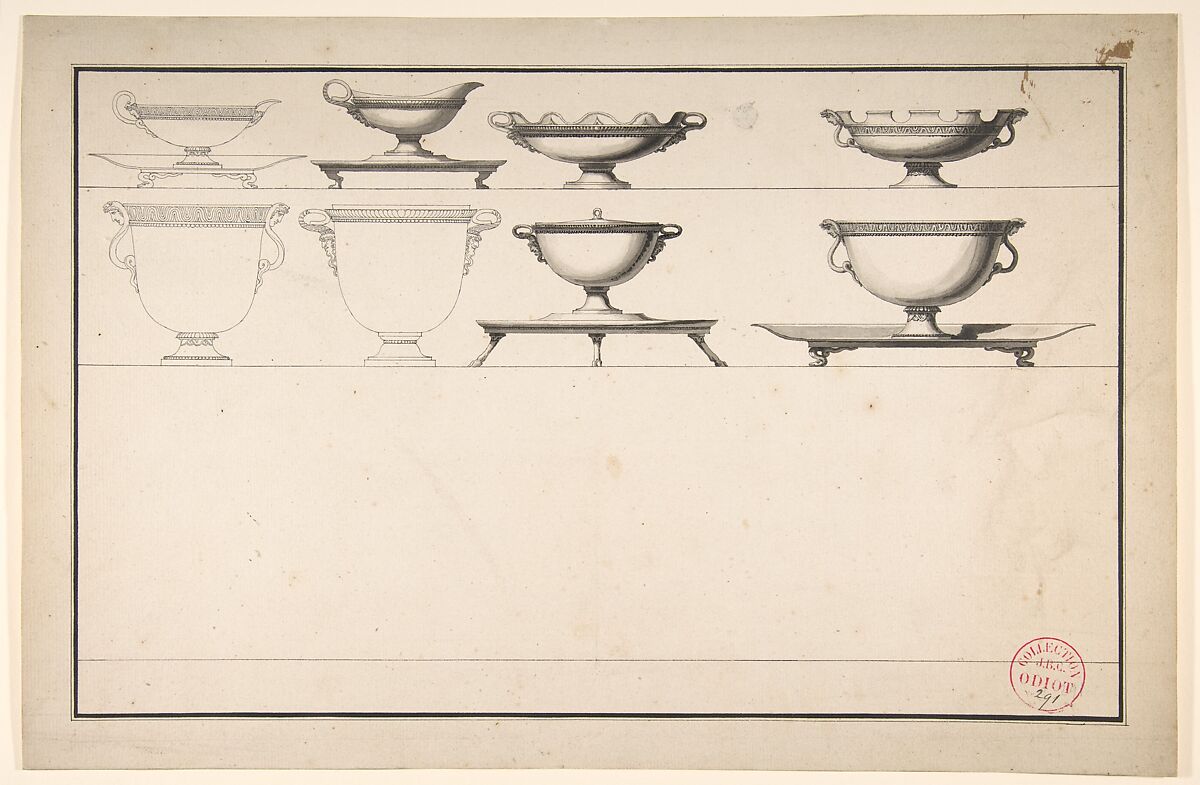 Studies of Eight Silver Pieces, Jean Guillaume Moitte (French, Paris 1746–1810 Paris), Pen and black ink, brush and gray wash 