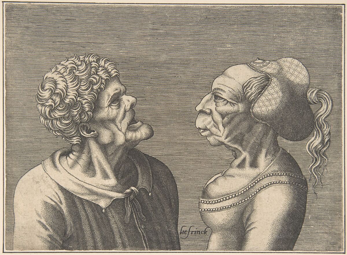 Two Grotesque Heads, Hans Liefrinck  Netherlandish, Engraving