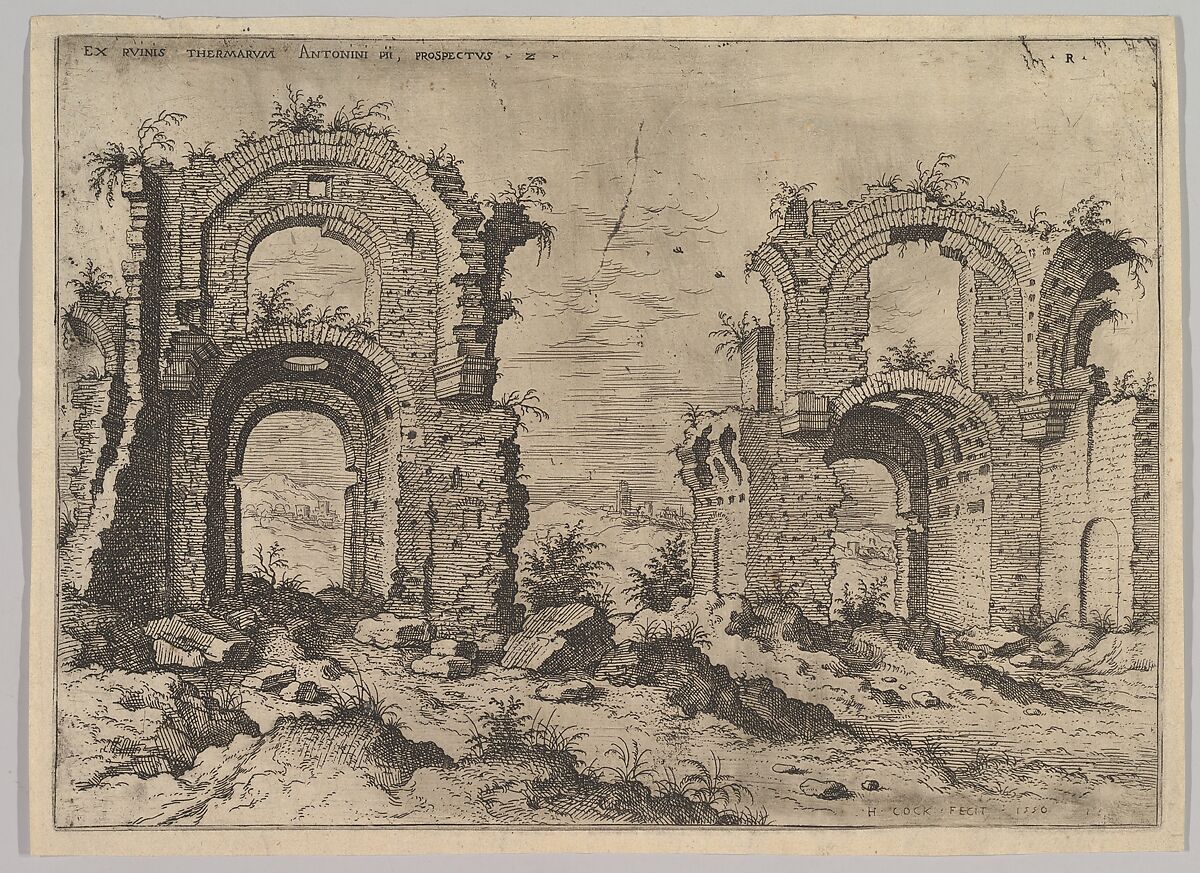 Second View of the Baths of Diocletian, from set of Roman Ruins, Hieronymus Cock (Netherlandish, Antwerp ca. 1510–1570 Antwerp), Etching with plate tone 