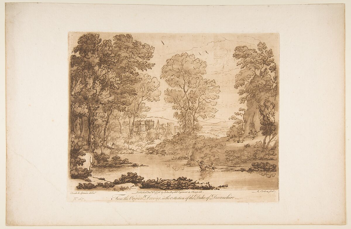Landscape with Cupid and Psyche, Richard Earlom (British, London 1743–1822 London), Mezzotint with etching 