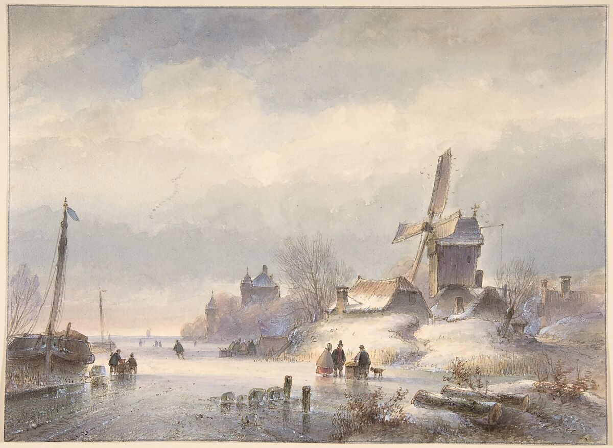 Winter Landscape with Frozen River, Lodewijk Johannes Kleijn (Dutch, Loosduinen 1817–1897 Den Haag), Watercolor; framing lines in graphite