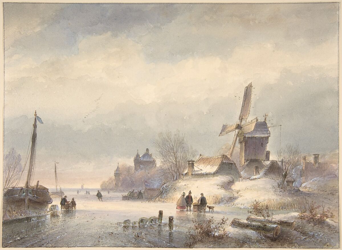 Winter Landscape with Frozen River, Lodewijk Johannes Kleijn (Dutch, Loosduinen 1817–1897 Den Haag), Watercolour, framing line in graphite 