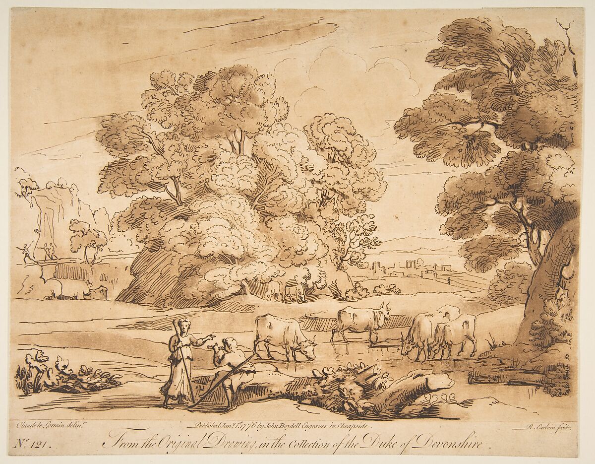 Landscape with Shepherd and Shepherdess, Richard Earlom (British, London 1743–1822 London), Mezzotint with etching 