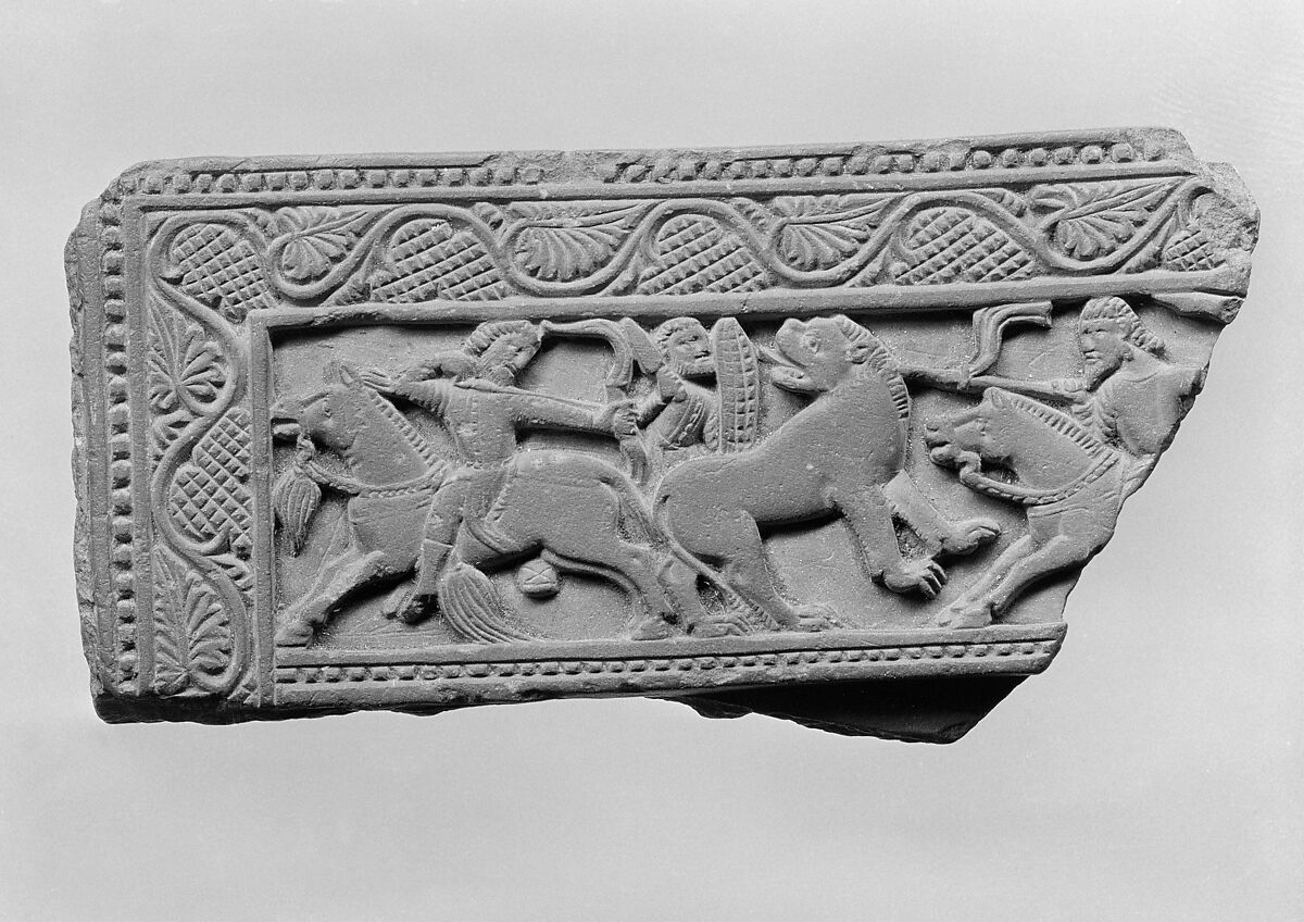Fragment of a Lid (?) with a Hunting Scene, Stone, Pakistan (ancient region of Gandhara) 