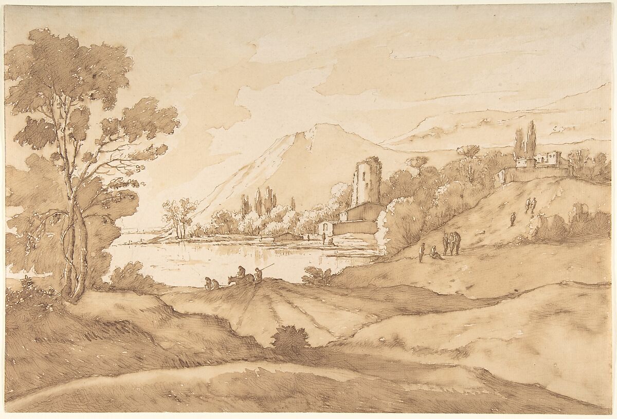 Southern Imaginary Landscape with Mountains and a Lake, Theodorus Wilkens (Dutch, Amsterdam ca. 1690–ca. 1748 Amsterdam), Pen and brown ink, brush and brown wash. At left, traces of a framing line in black chalk 