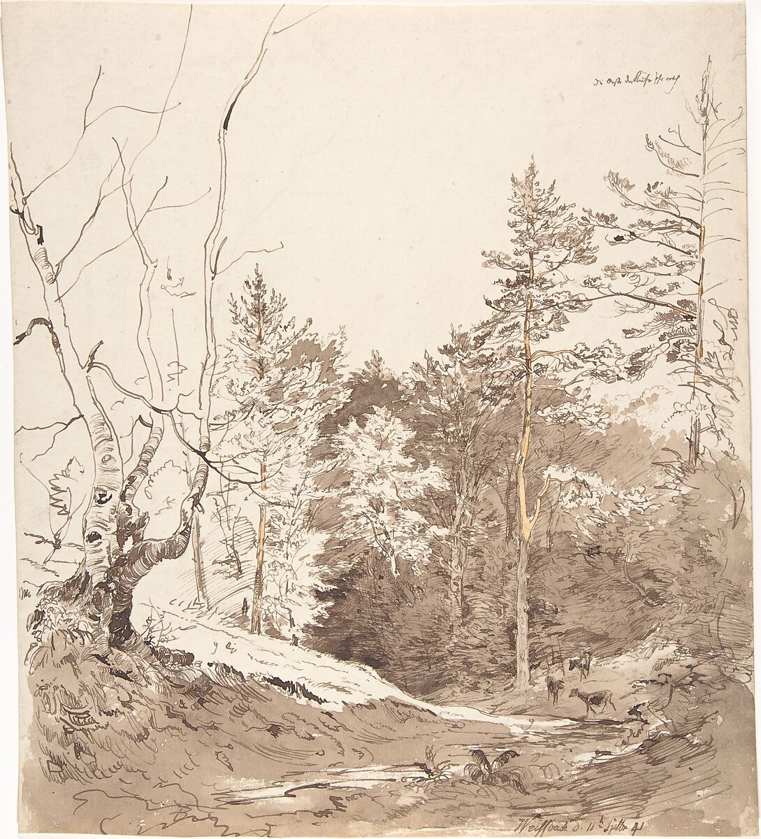 Landscape with cattle in Weißbach on the Rhön, Carl Wagner (German, Rossdorf 1796–1867 Meiningen), Pen and brown ink, brush and brown wash, with touches of yellow wash 