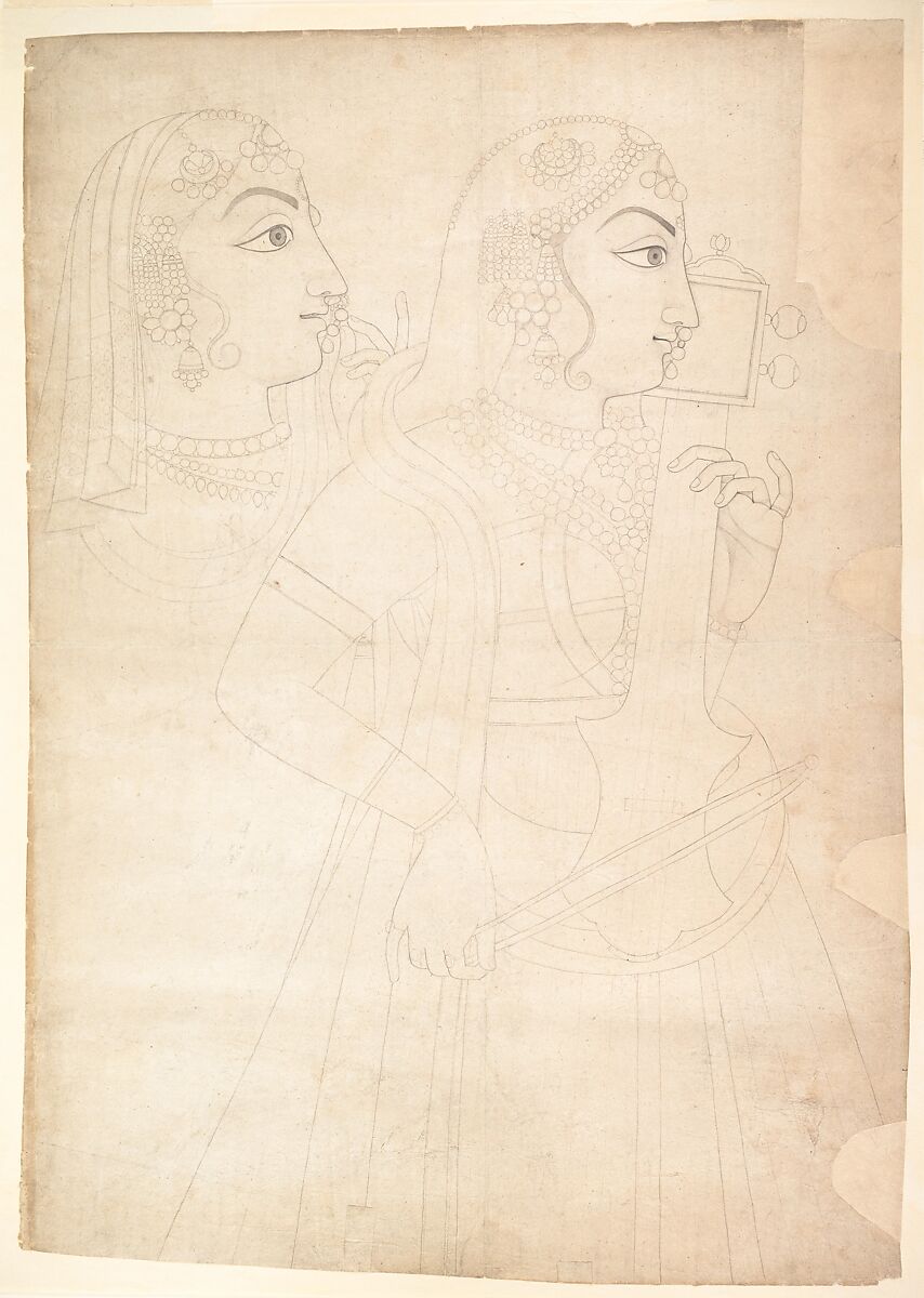 Singer and Sarinda Player, Attributed to Sahib Ram (active 1778–1803), Ink on paper, India (Rajasthan, Jaipur) 