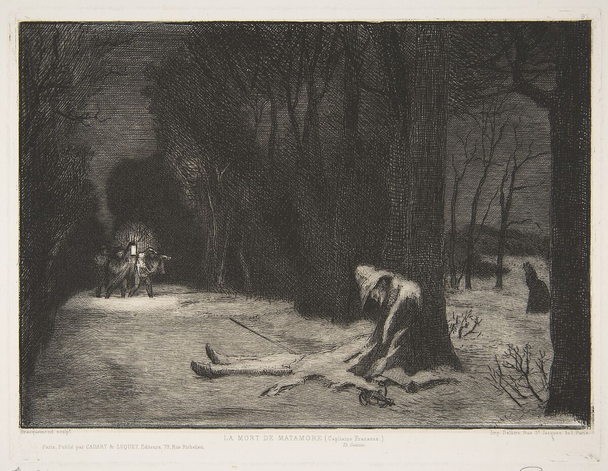 La Mort de Matamore (Capitaine Fracasse), Félix Bracquemond (French, Paris 1833–1914 Sèvres), Etching; fourth state out of four 