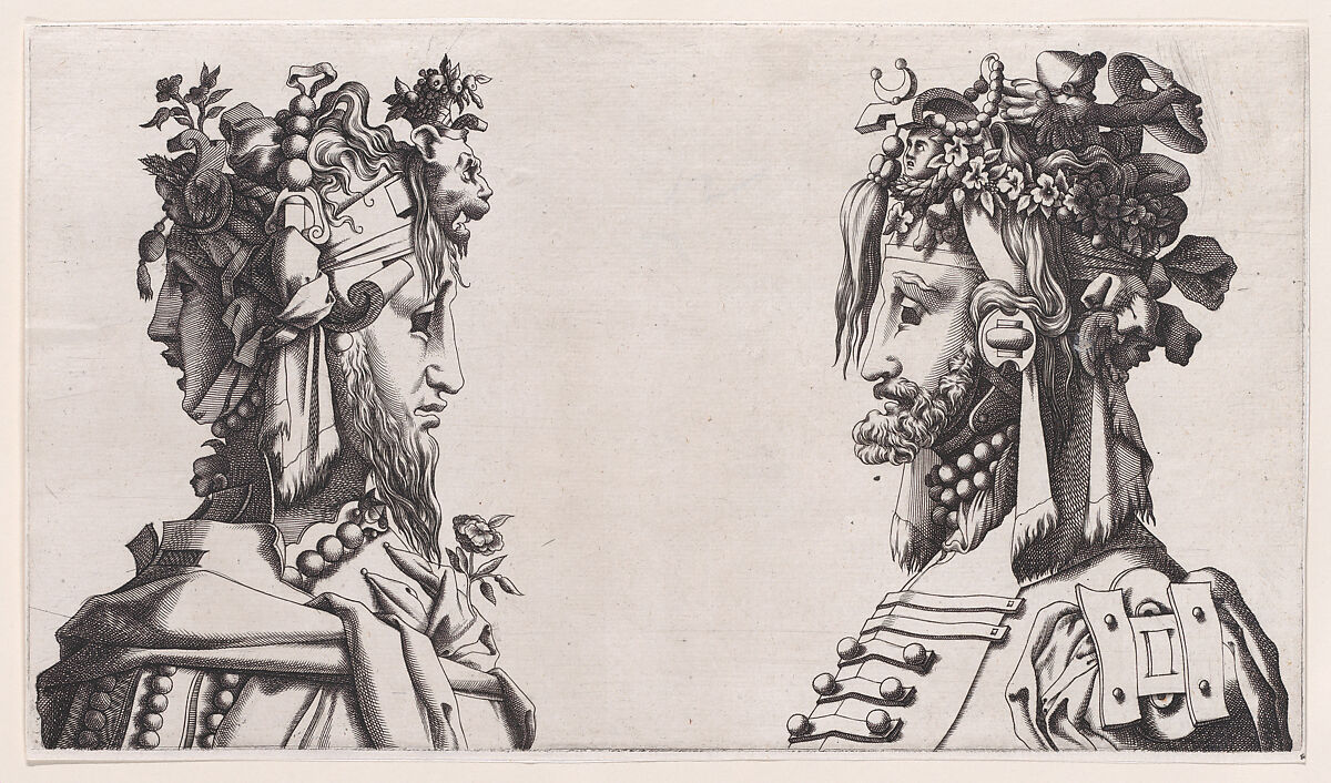Fantastical Masked Masculine Heads, Anonymous, French, 16th century, Engraving; reverse copy 