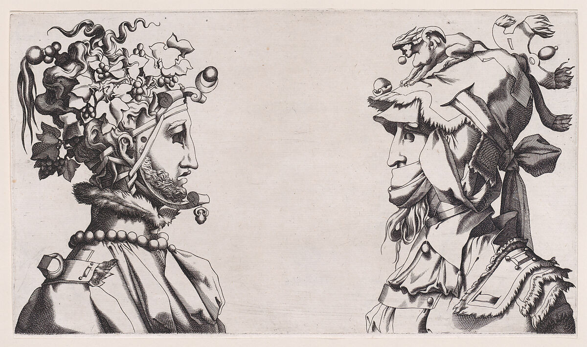 Fantastical Masked Masculine Heads, Anonymous, French, 16th century, Engraving; reversed copy 