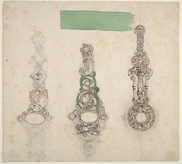 Design from the Workshop of Froment-Meurice, Workshop of Jacques-Charles-François-Marie Froment-Meurice (French, 1864–1948), Pen and brown ink, green wash over graphite 