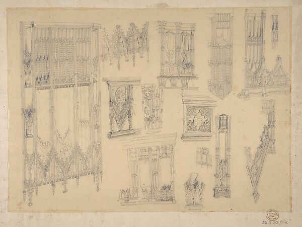 Studies of church facades from the Workshop of Froment-Meurice; verso, design for building facades, Workshop of Jacques-Charles-François-Marie Froment-Meurice (French, 1864–1948), Graphite