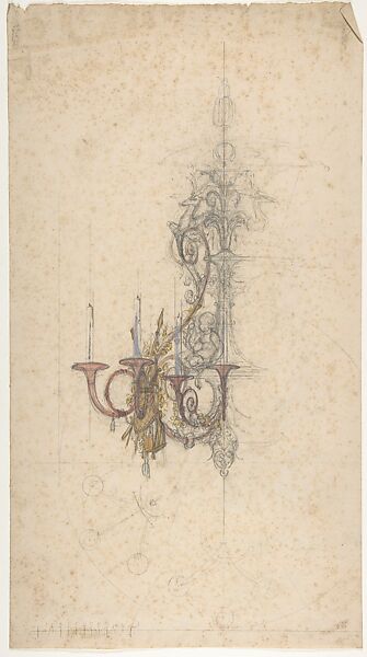 Design ofr a chandelier from the Workshop of Froment-Meurice, verso design for a chandelier, Workshop of Jacques-Charles-François-Marie Froment-Meurice (French, 1864–1948), Graphite, red and yellow wash, white heightening; verso, graphite 