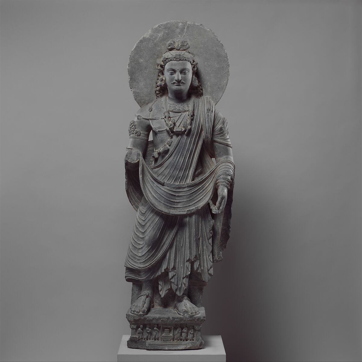 Standing Bodhisattva Maitreya (Buddha of the Future), Gray schist, Pakistan (ancient region of Gandhara) 