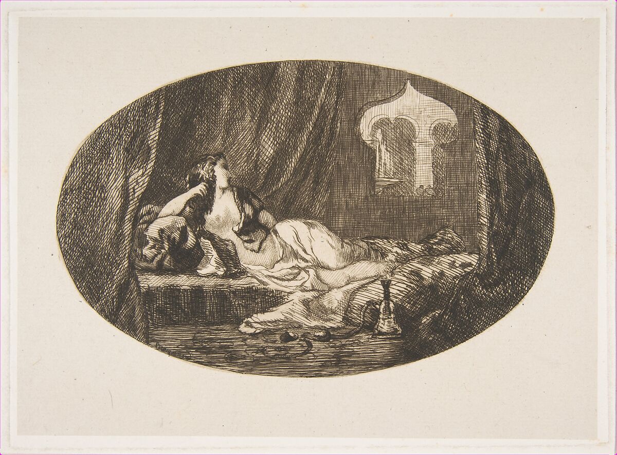 Odalisque reclining in a harem, from "Titres de Romance", Félix Bracquemond (French, Paris 1833–1914 Sèvres), Etching on chine collé; first state of two 