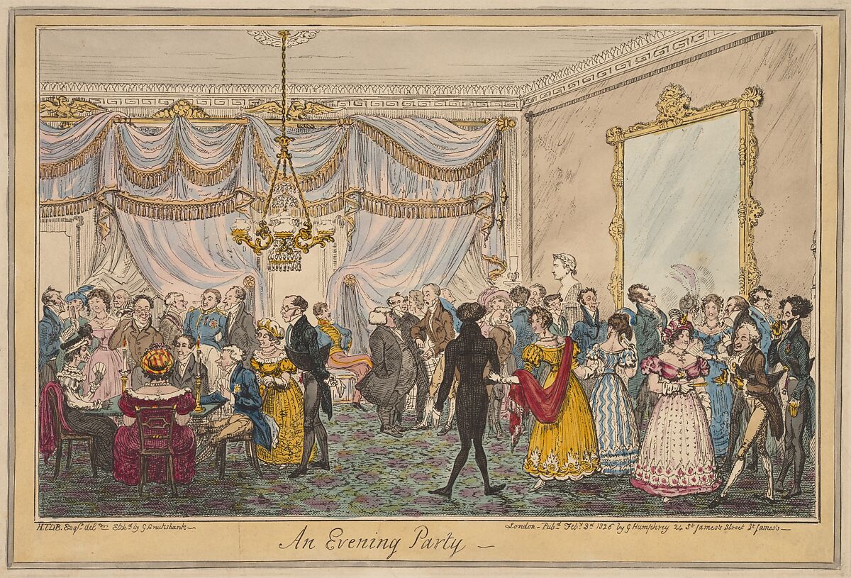 An Evening Party, George Cruikshank (British, London 1792–1878 London), Hand-colored etching and engraving 