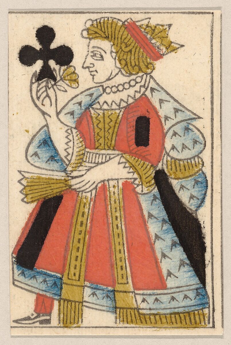 Queen of Clubs, from a Set of Piquet Cards, Claude Fayolle (French, Vaise (Rhône) ca. 1752–1826 Lyon), Hand-colored woodcut 