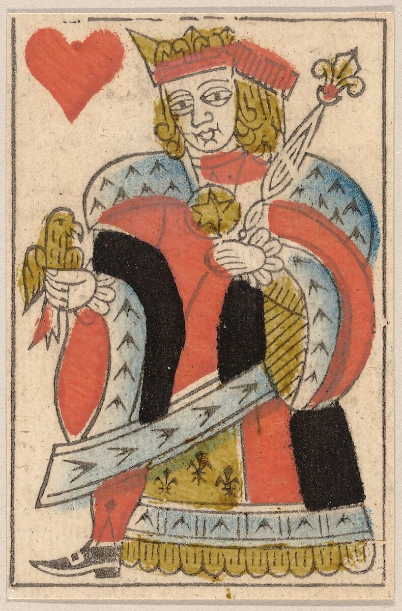 King of Hearts, from a Set of Piquet Cards, Claude Fayolle (French, Vaise (Rhône) ca. 1752–1826 Lyon), Hand-colored woodcut 